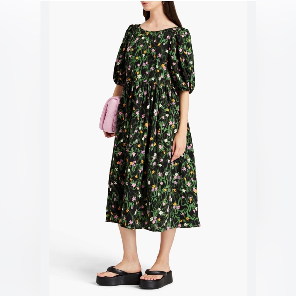 STINE GOYA Ursi gathered floral-print crepe midi dress size XS